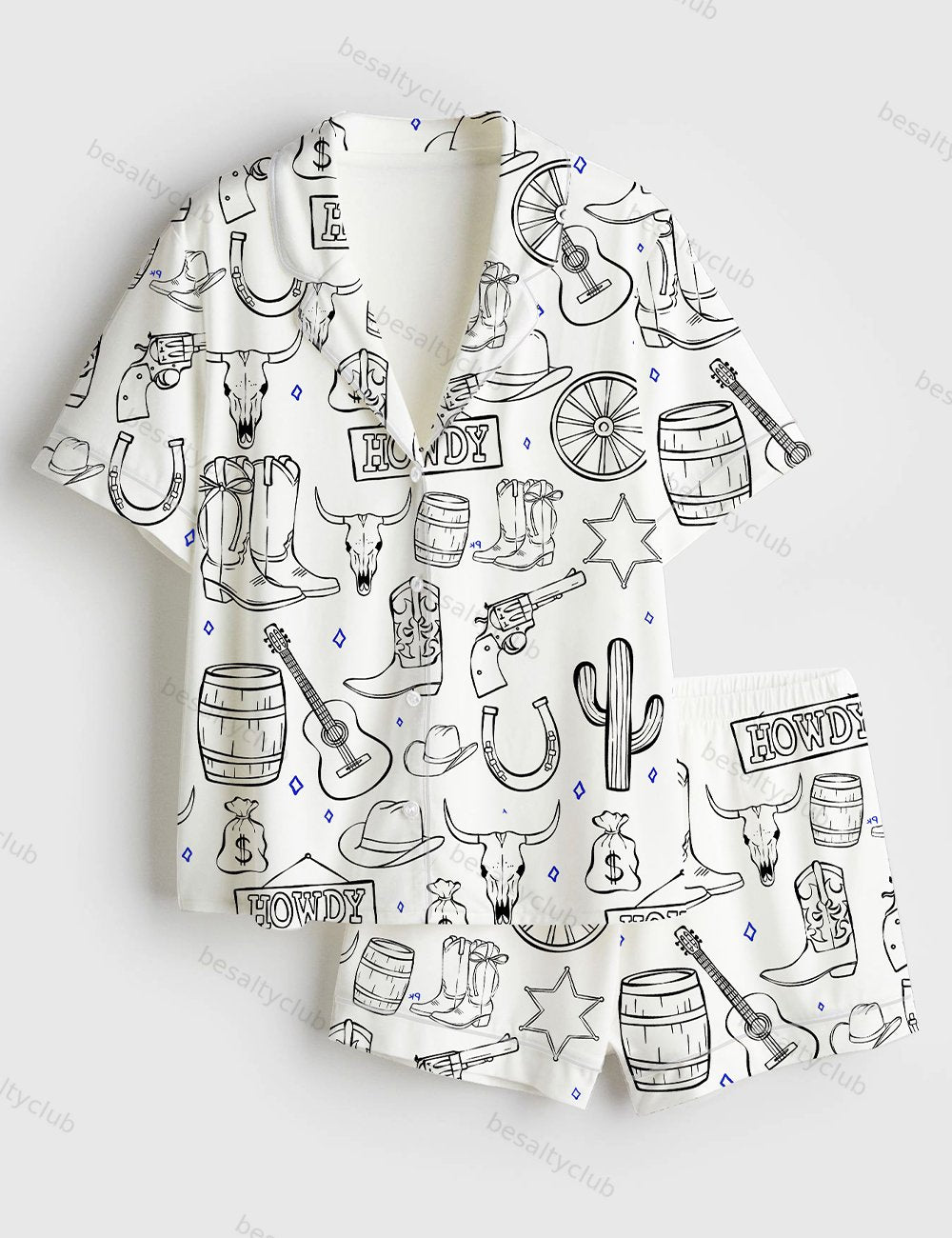 Cowboy Western Procreate Cowboy Boots Hat Skull Howdy Cowboy Hat Music Short Sleeve Satin Pajama Set