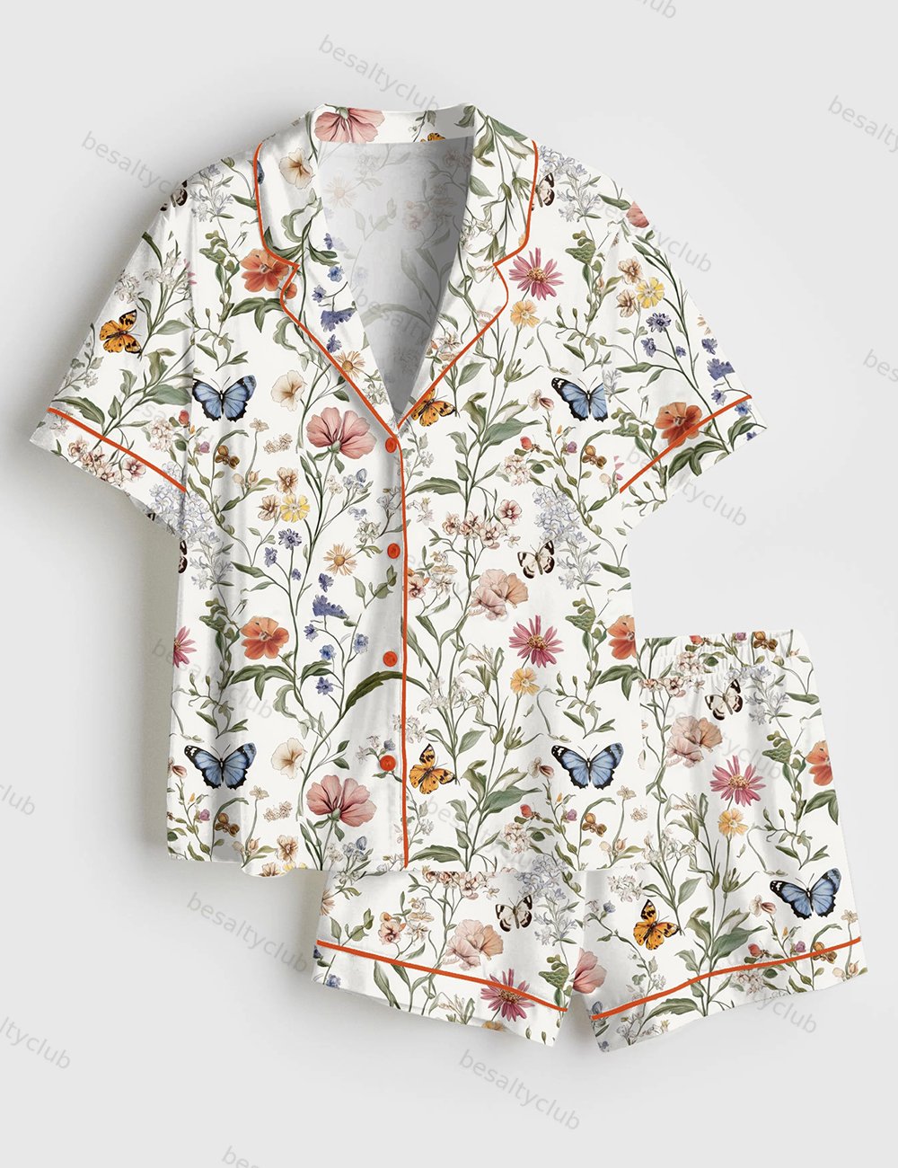 Wildflower Butterfly Vintage Spring Wildflower Print Short Sleeve Satin Pajama Set