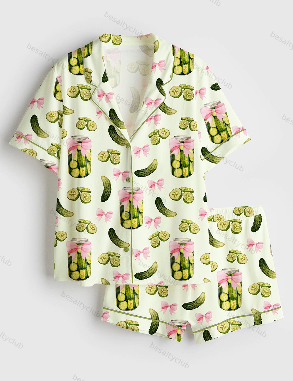 Pickles Coquette Cute Bow Pickle Jar Print Short Sleeve Satin Pajama Set
