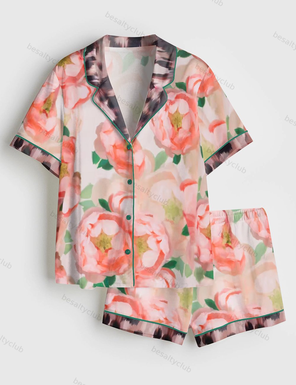 Floral Leopard Short Sleeve Satin Pajama Set