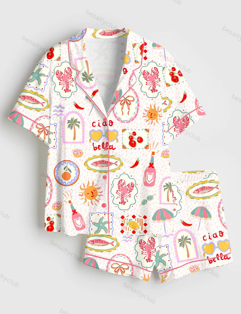 Summer In Italy Ciao Bella Short Sleeve Satin Pajama Set