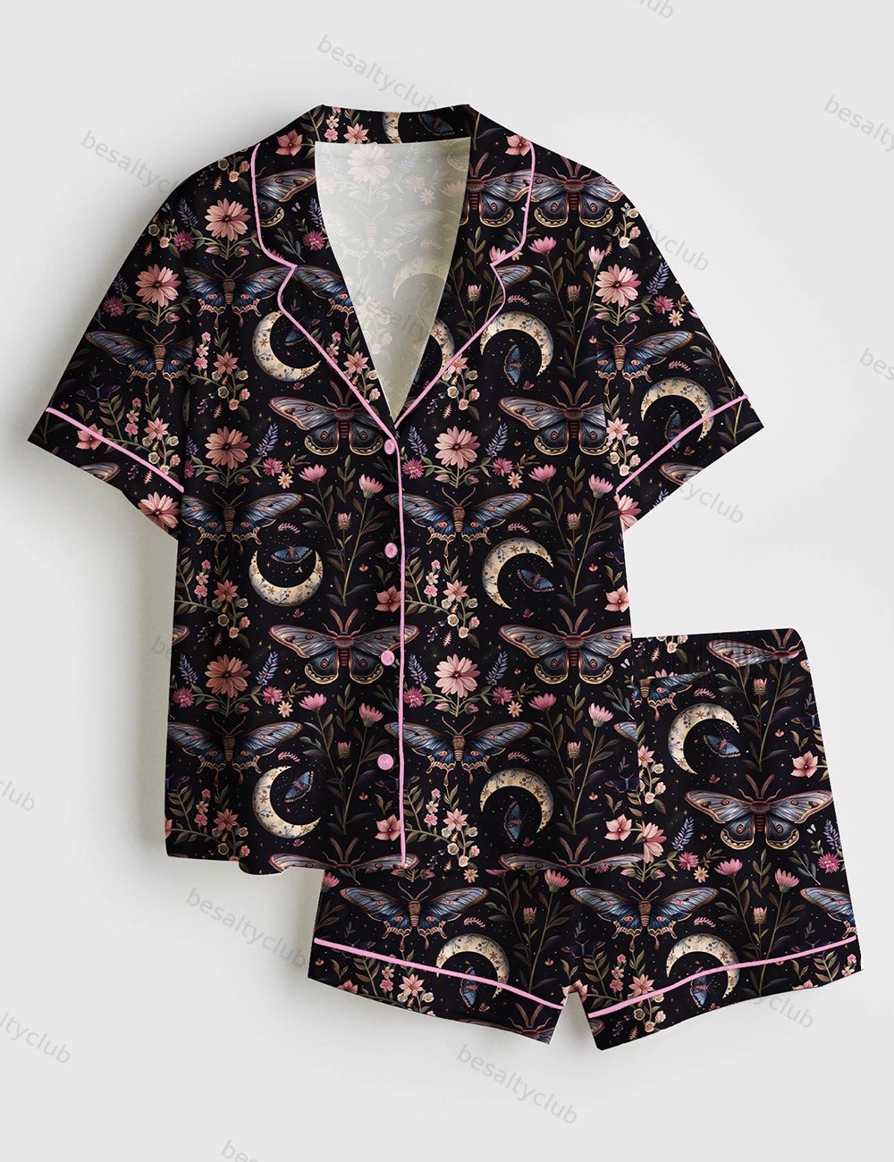 Night Garden Mystical Moth Magic Witchy Floral Short Sleeve Satin Pajama Set