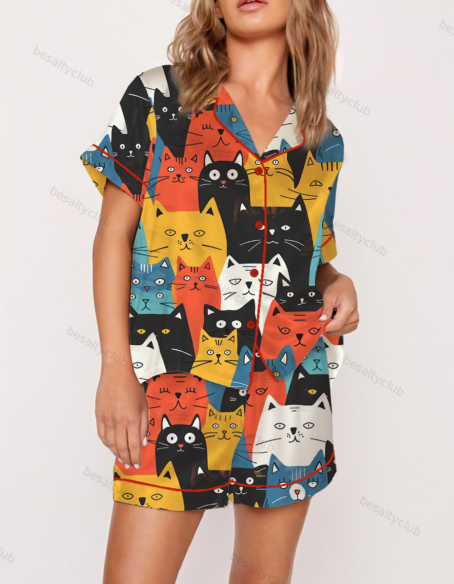 Colorful Cat Collage Satin Pajama Set