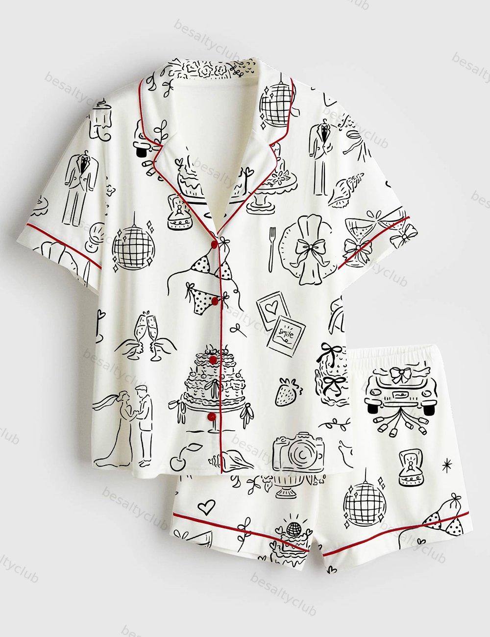 Hand Drawn Whimsical Wedding Print Short Sleeve Satin Pajama Set