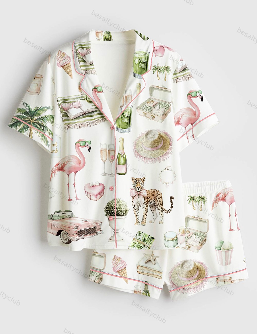 Watercolor Palm Club Summer Miami Beach Vacation Print Short Sleeve Satin Pajama Set