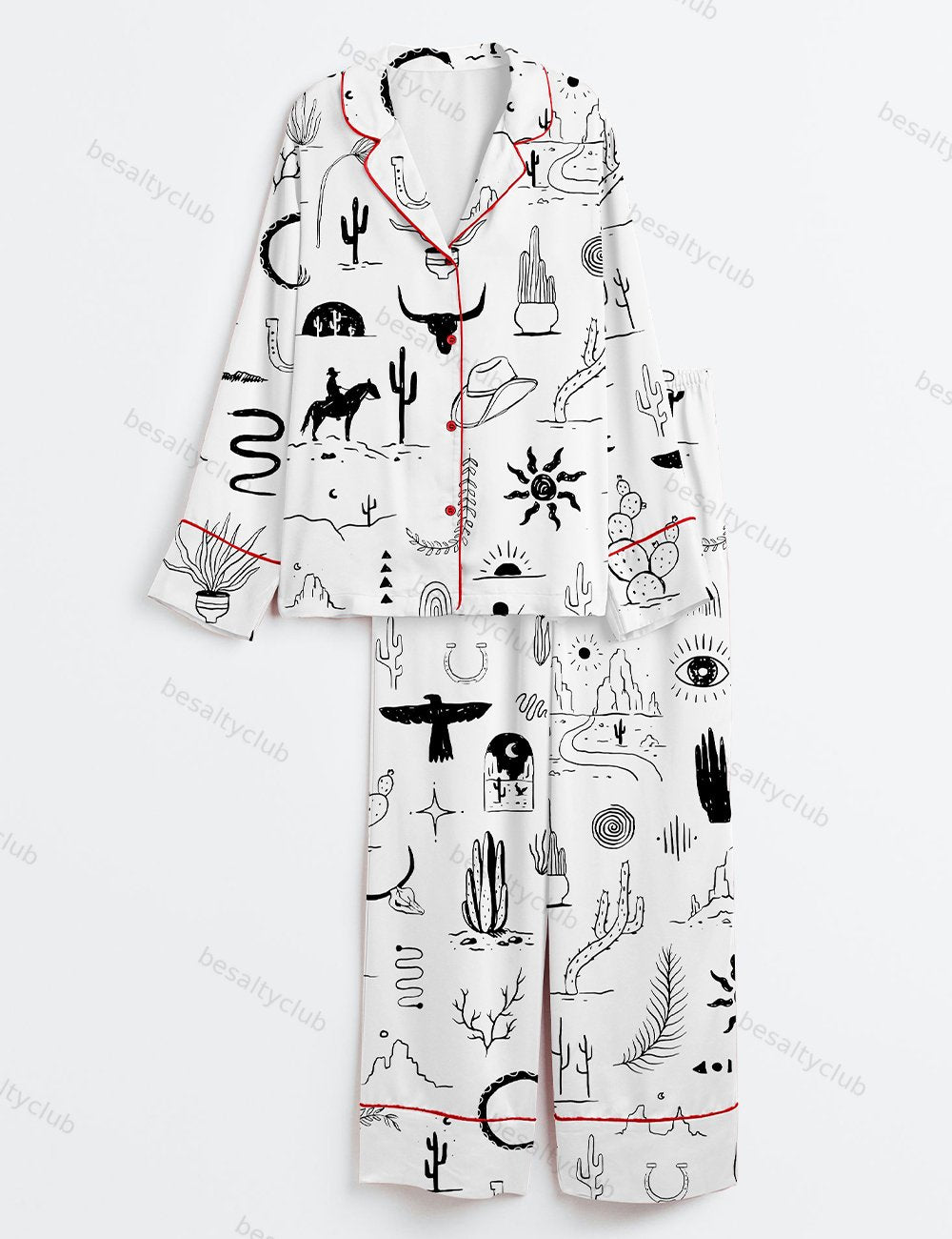 Wild Western Outdoors Adventure Silhouette Cowboy Cactus Mountain Snake Hand Moon Sun Print Long Sleeve Satin Pajama Set