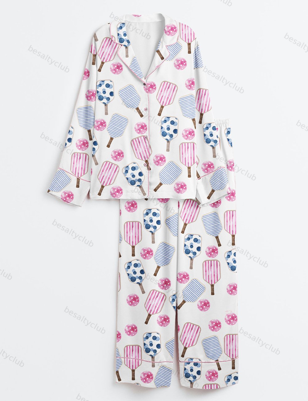 Watercolor Stripes Pink And Blue Pickleball Paddle And Ball Long Sleeve Satin Pajama Set