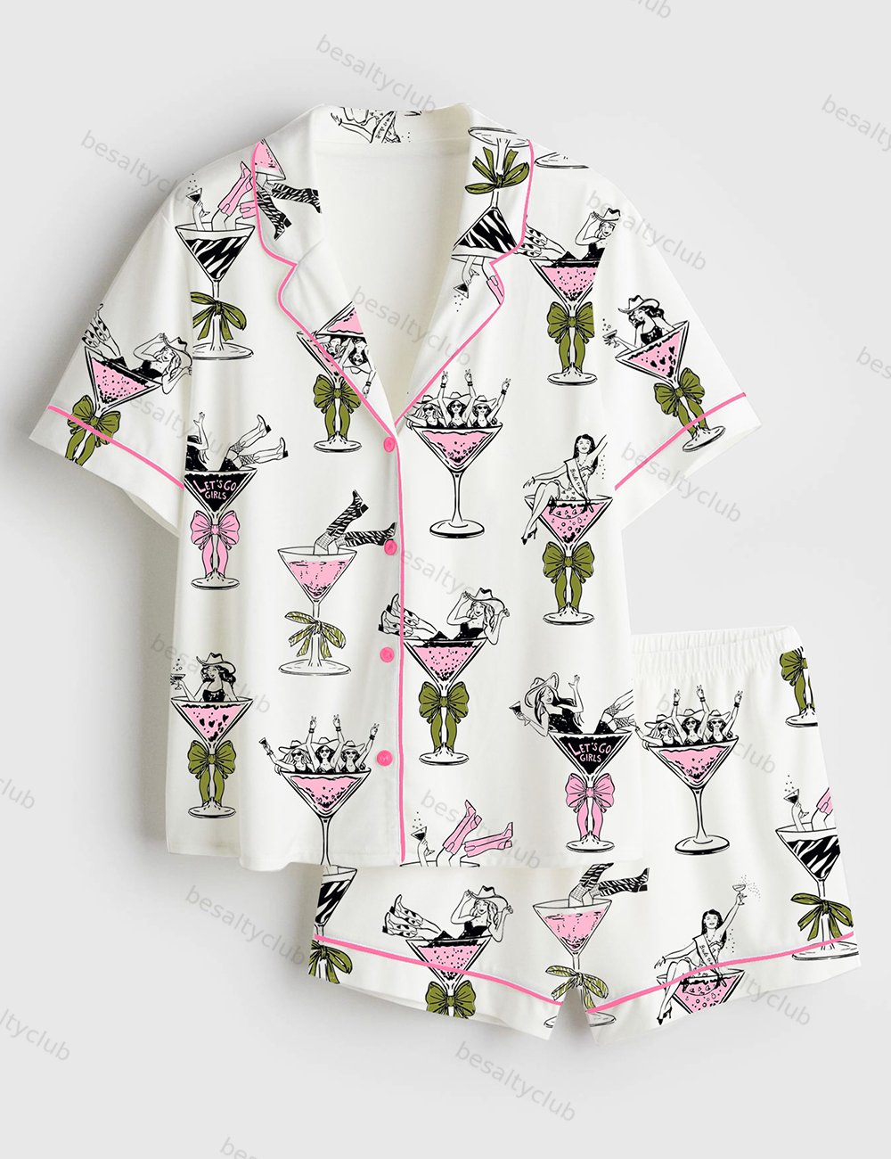 Girls In Martini Glass Hand Drawn Martini Drinks And Cheering Western Girls Print Short Sleeve Satin Pajama Set
