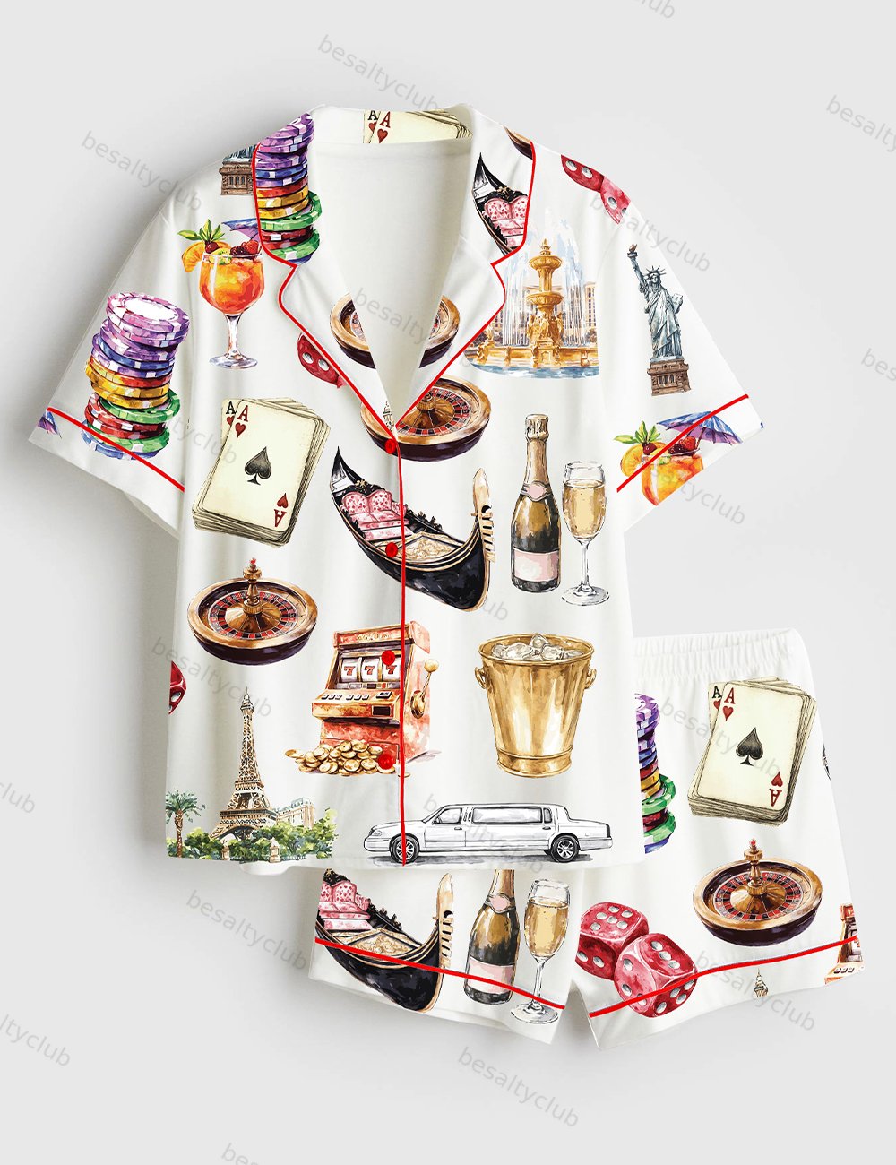 Las Vegas Clipart Vacation Travel Short Sleeve Satin Pajama Set