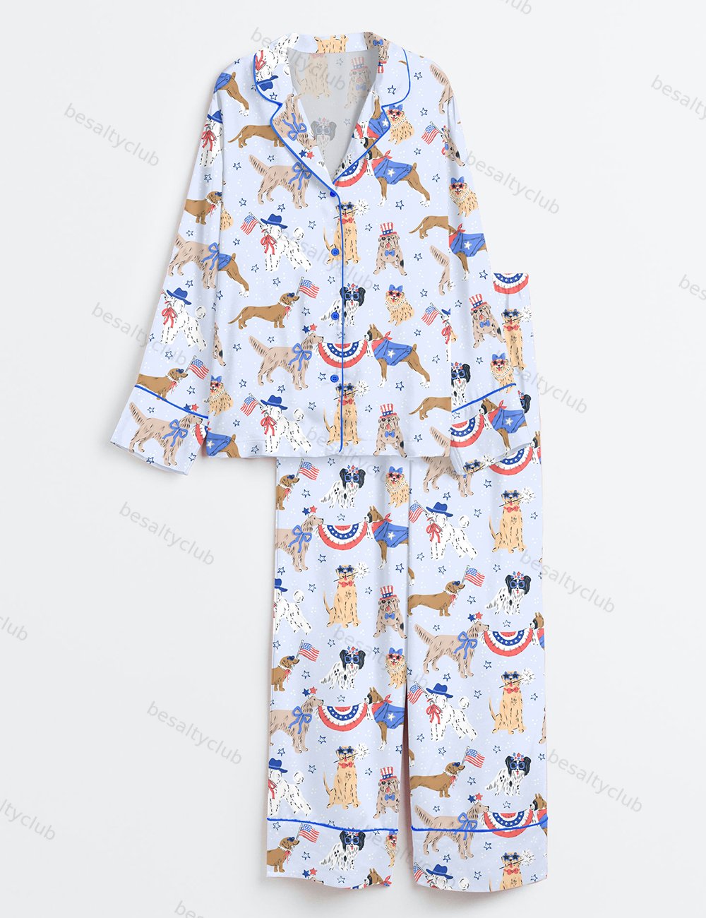 Patriotic Dog Art America Red White And Blue Summer Print Long Sleeve Satin Pajama Set