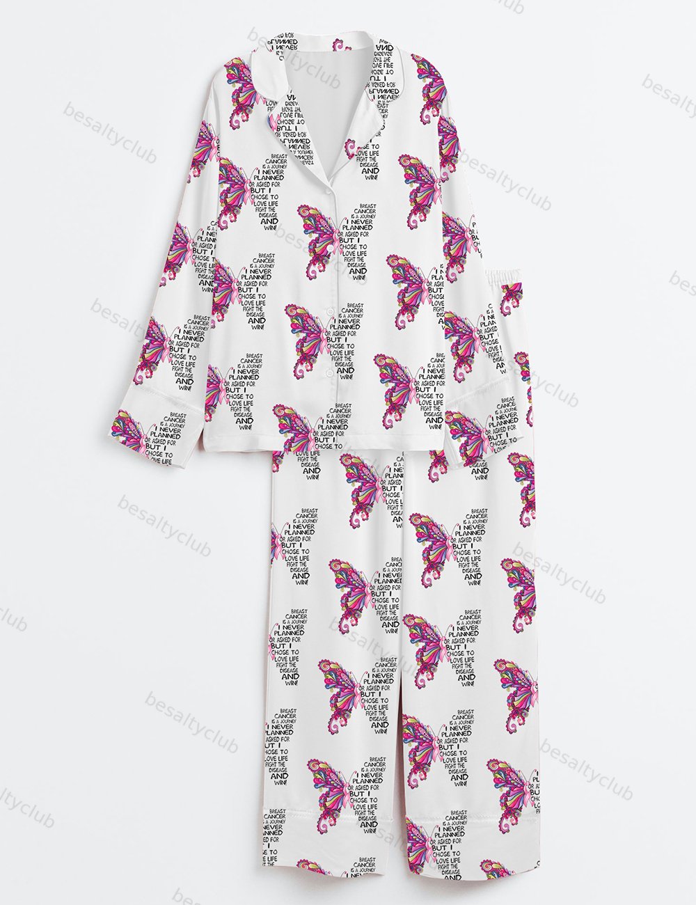 Breast Cancer Awareness Cancer Hope Pink Ribbon Pink Butterfly Print Long Sleeve Satin Pajama Set