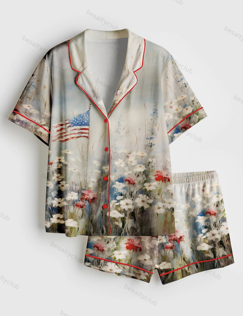 Patriotic American Flag 4th of July Flower Art Print Short Sleeve Satin Pajama Set