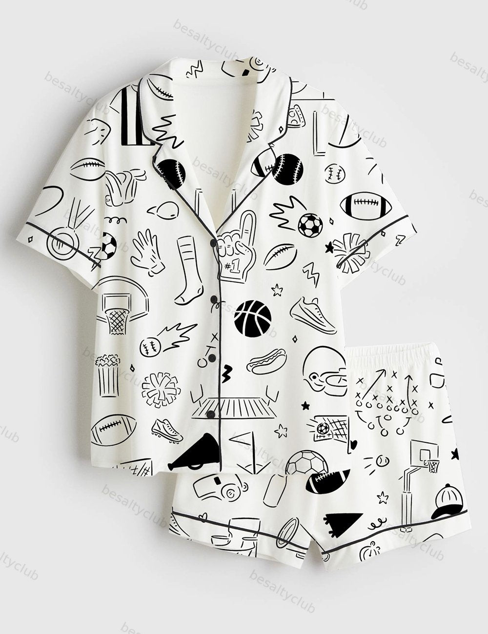 Hand Drawn Sport Football Basketball Baseball Soccer Doodles Short Sleeve Satin Pajama Set