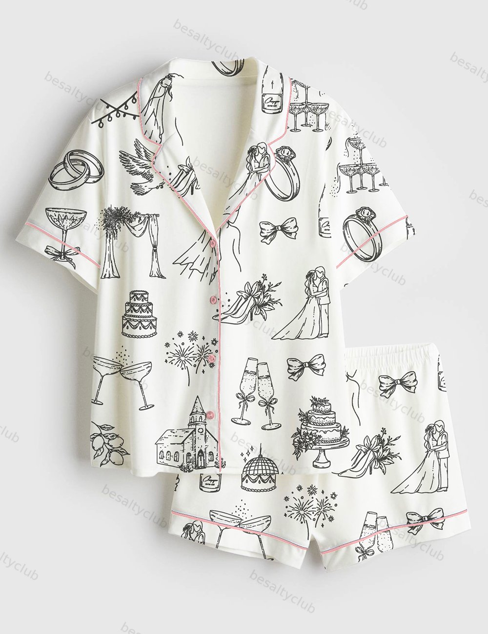 Hand Drawn Wedding Icons Champagne Wedding Timeline Print Short Sleeve Satin Pajama Set