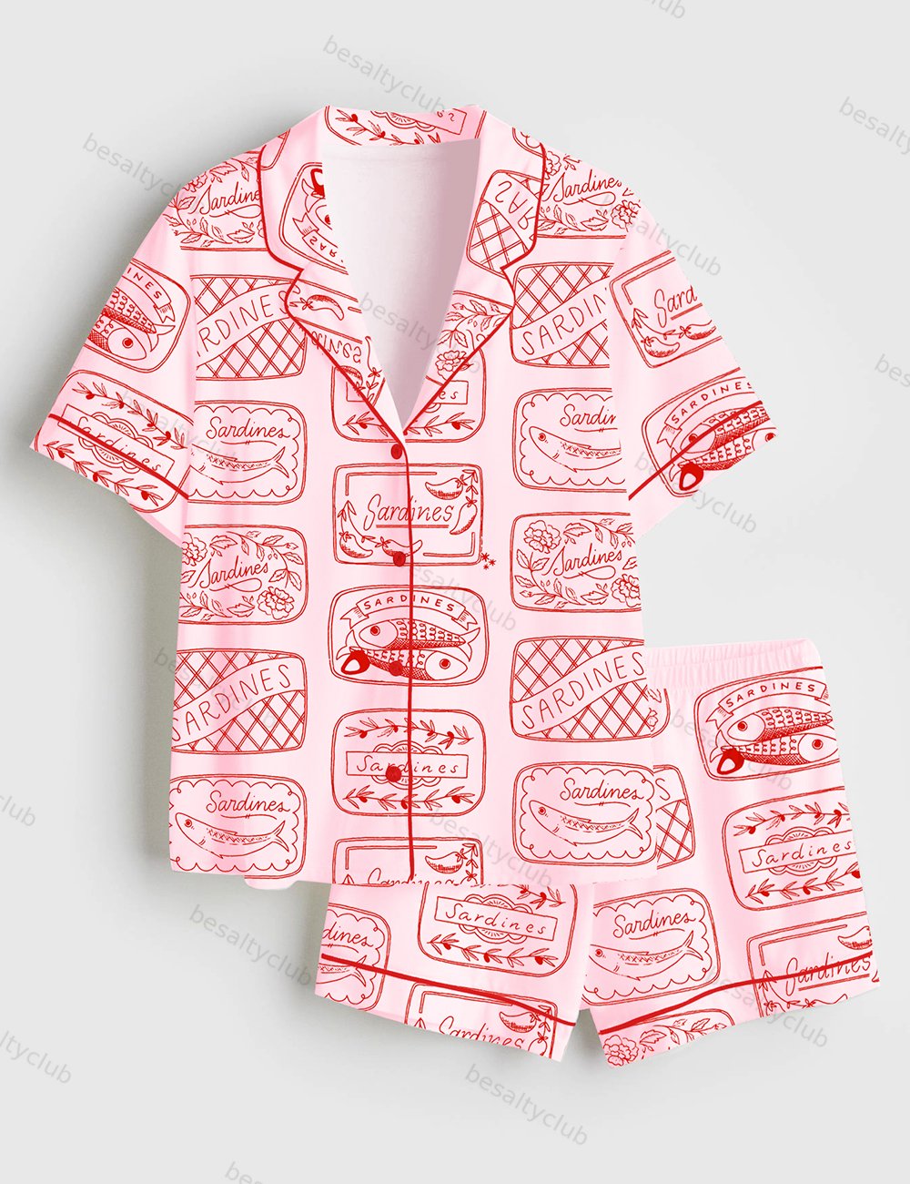 Sardine Art Print Short Sleeve Satin Pajama Set