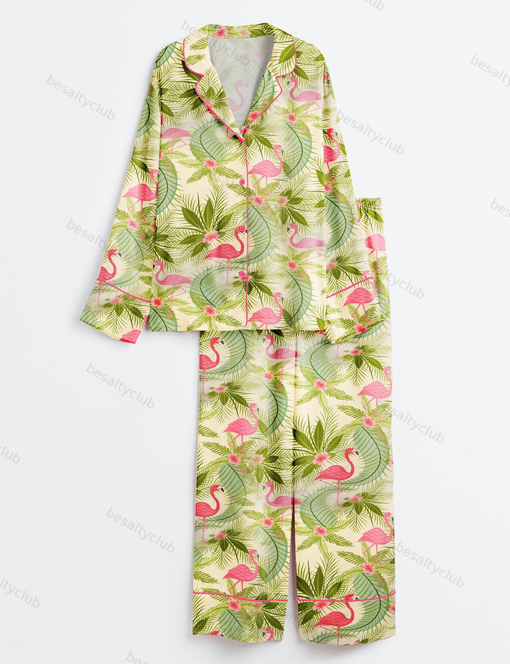 Flamingo Paradiso Summer Beach Plant Long Sleeve Satin Pajama Set