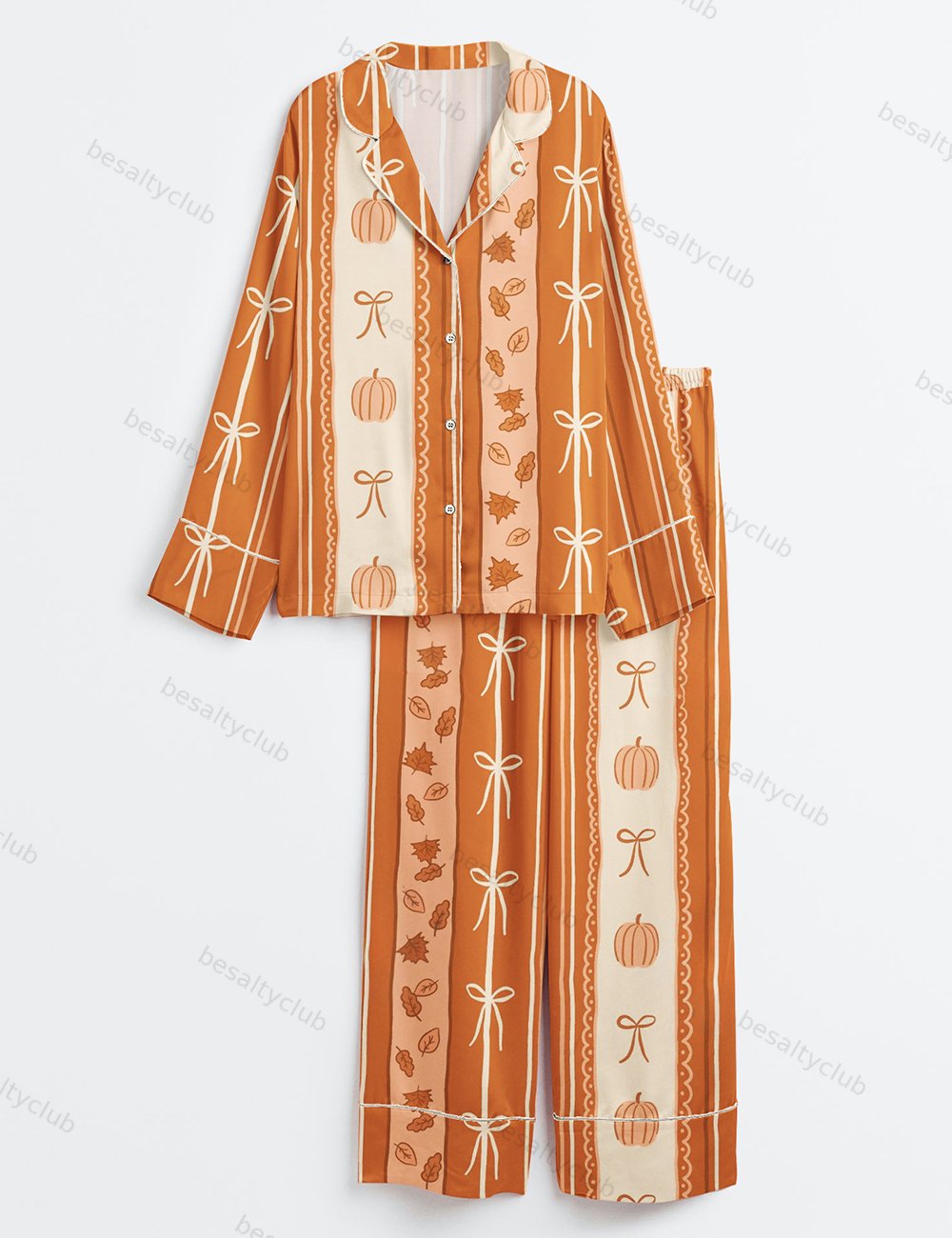 Coquette Bow Pumpkin Stripes Long Sleeve Satin Pajama Set