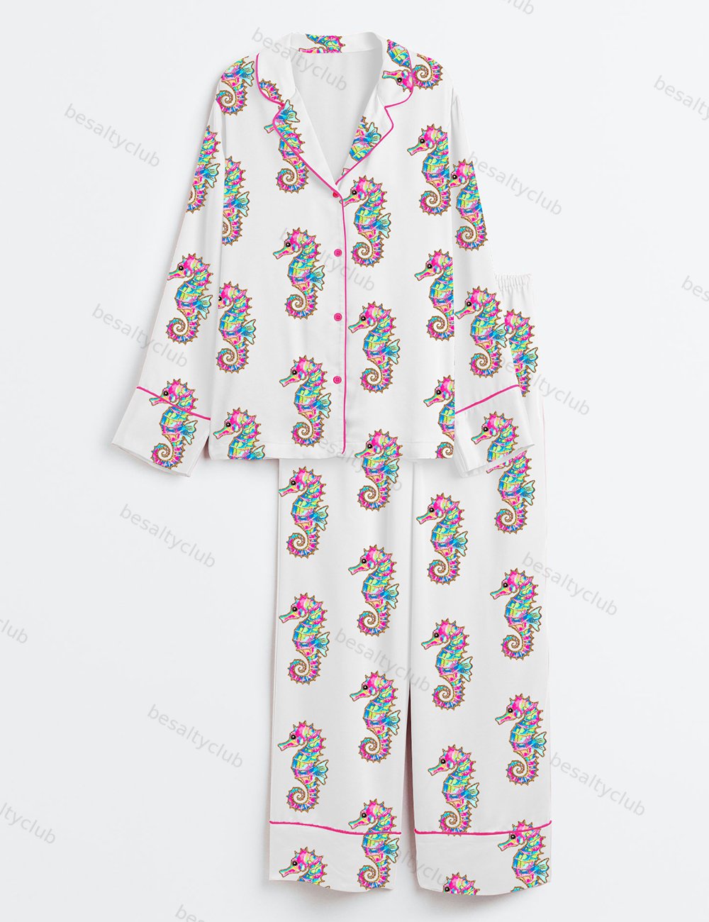 Summer Seahorse Preppy Summer Vibes Neon Beach Coastal Print Long Sleeve Satin Pajama Set