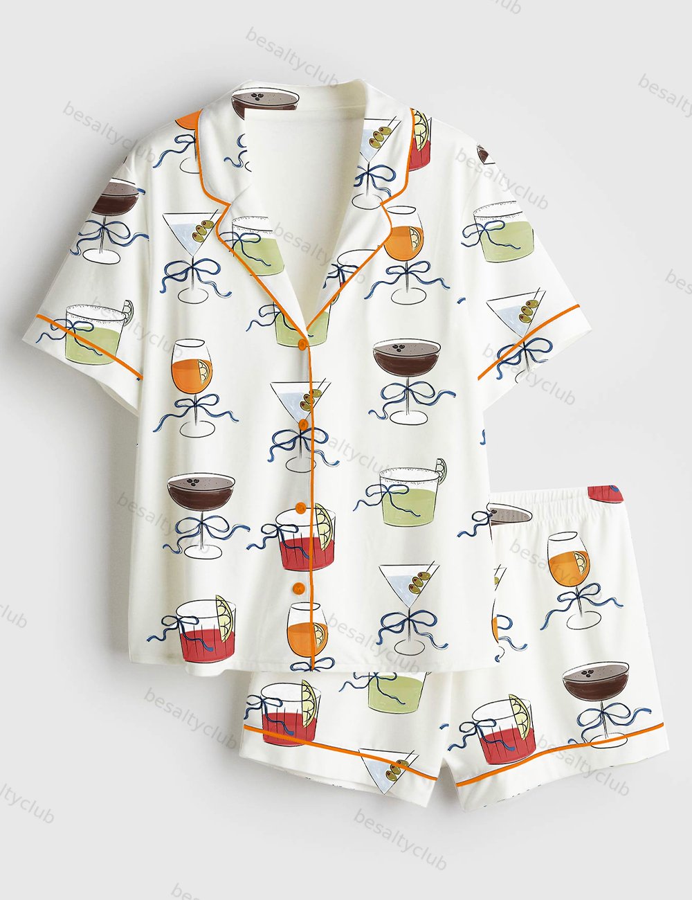 Cocktail Glass With Bow Hand Drawn Whimsical Dirty Martini Spritz Negroni Margarita Icon Clip Art Short Sleeve Satin Pajama Set