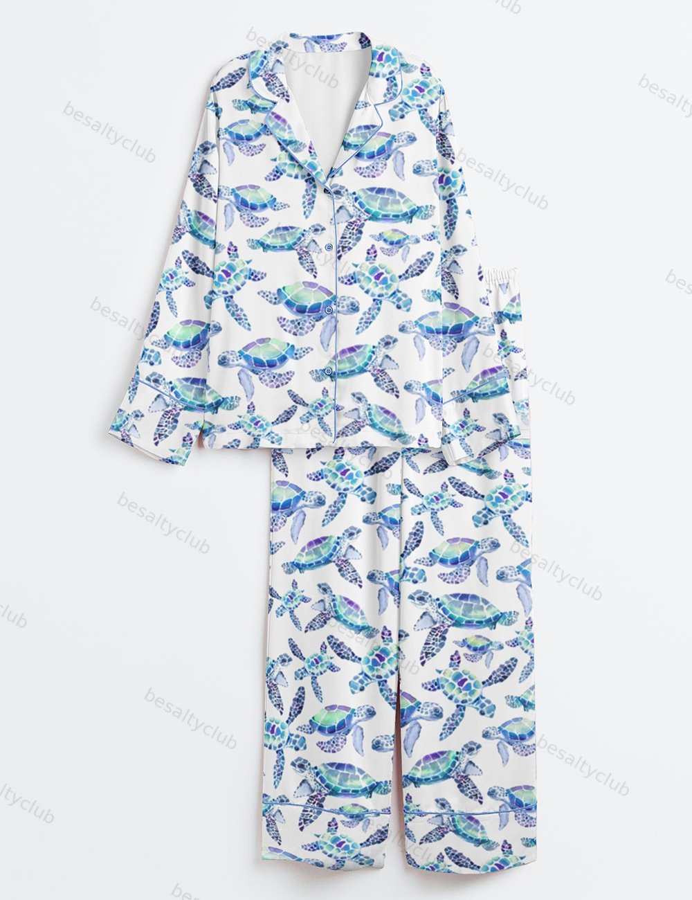 Sea Turtles Summer Sea Life Animal Print Long Sleeve Satin Pajama Set
