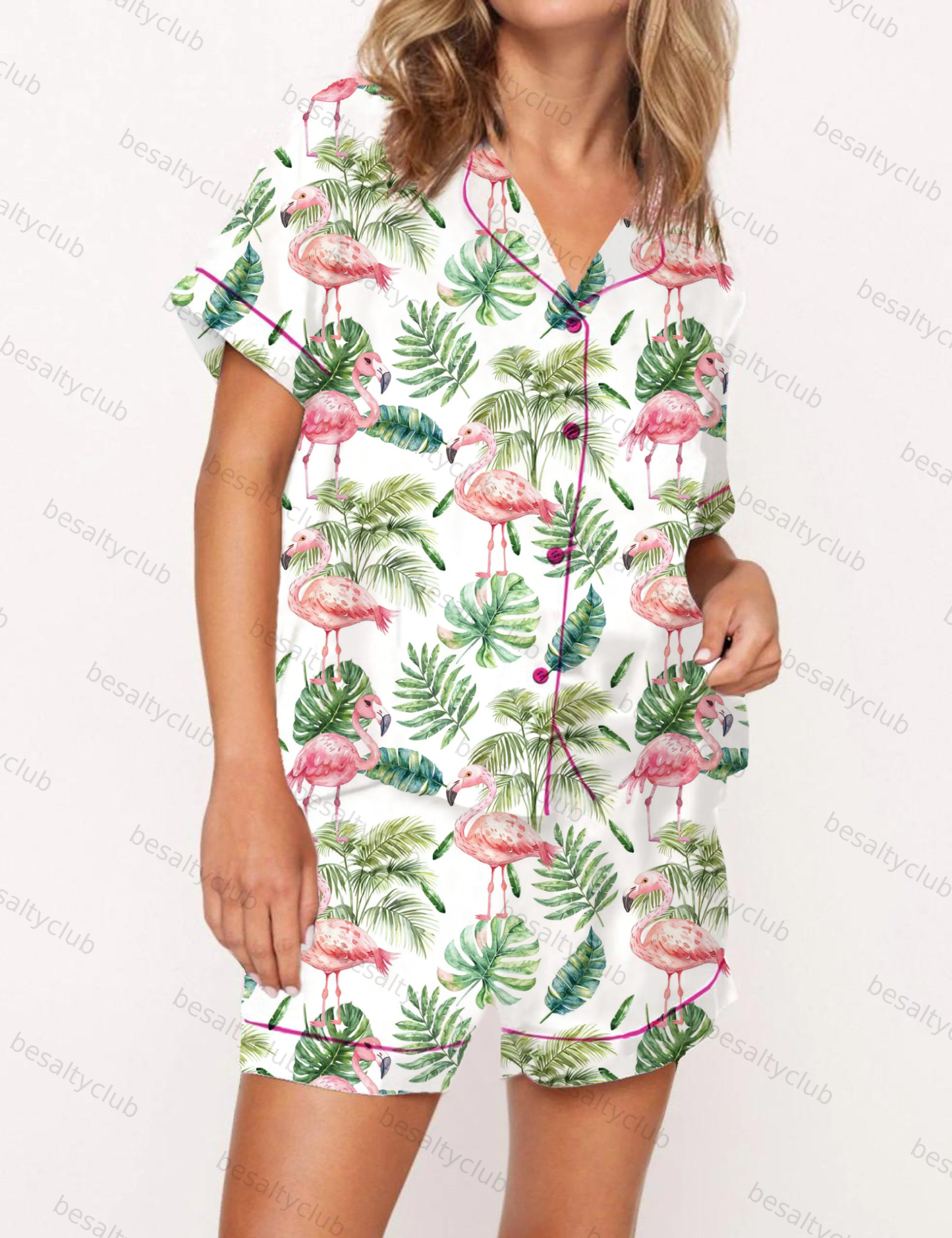 Palm Tree Flamingo Satin Pajama Short Set