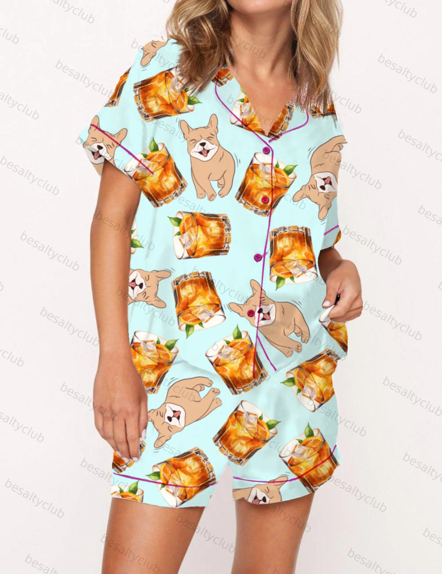 Martini And French Dog Satin Pajama Short Set