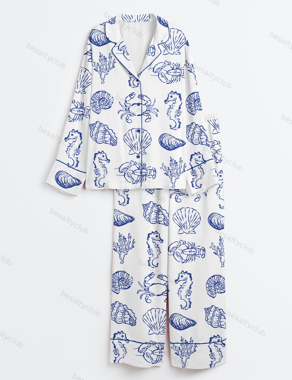 Summer Seashell Blue Coastal Summer Beach Crab Seahorse Print Long Sleeve Satin Pajama Set