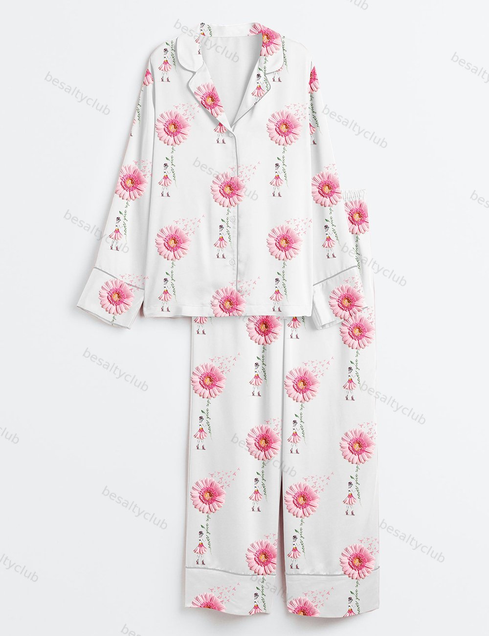 Never Give Up Breast Cancer Awareness Pink Gerbera Daisy & Ribbon Print Long Sleeve Satin Pajama Set