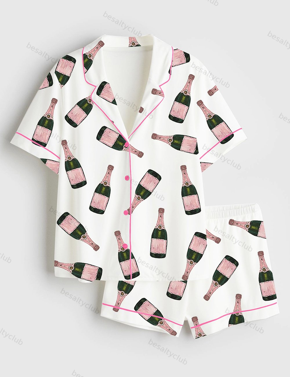 Champagne Bottle Short Sleeve Satin Pajama Set