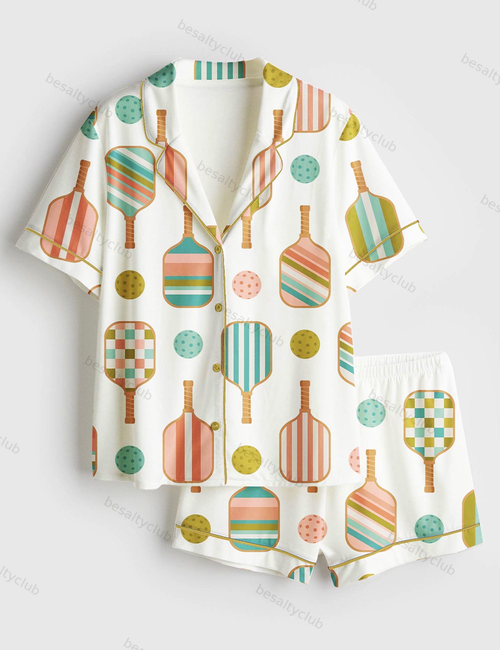 Pickleball Paddle And Ball Short Sleeve Satin Pajama Set