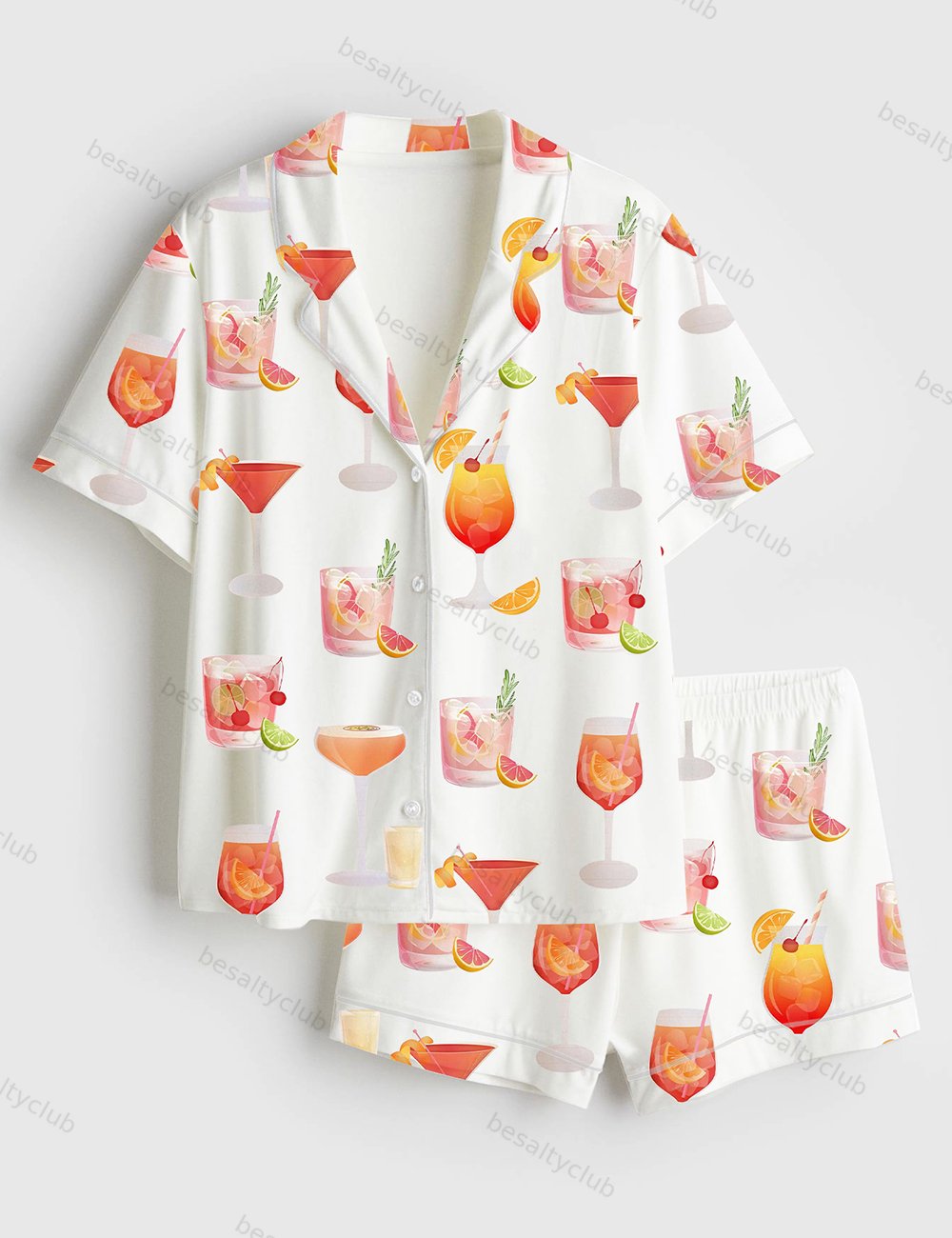 Watercolor Cocktail Drinks Summer Beach Lemon Drop Martini Wedding Cocktail Print Short Sleeve Satin Pajama Set