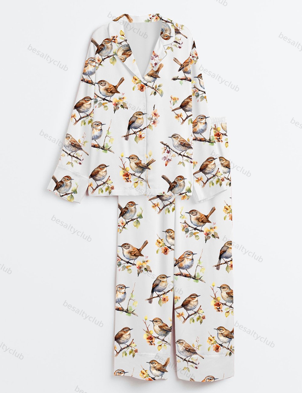 Wren Bird Nature Wildlife Long Sleeve Satin Pajama Set