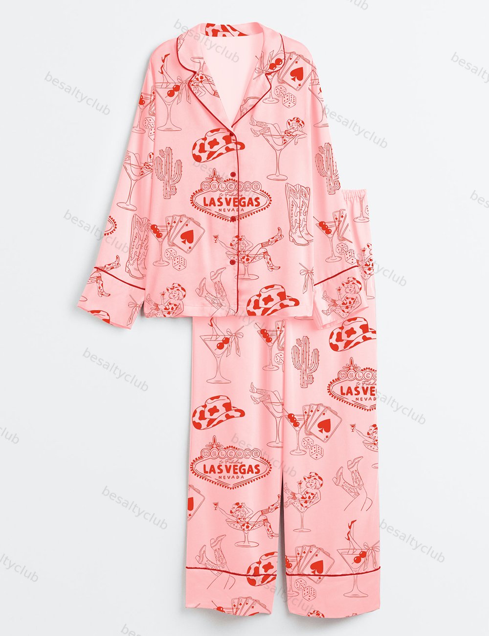 Hand Drawn Western Disco Cowgirl Boots Texas Las Vegas Bachelorette Party Print Long Sleeve Satin Pajama Set