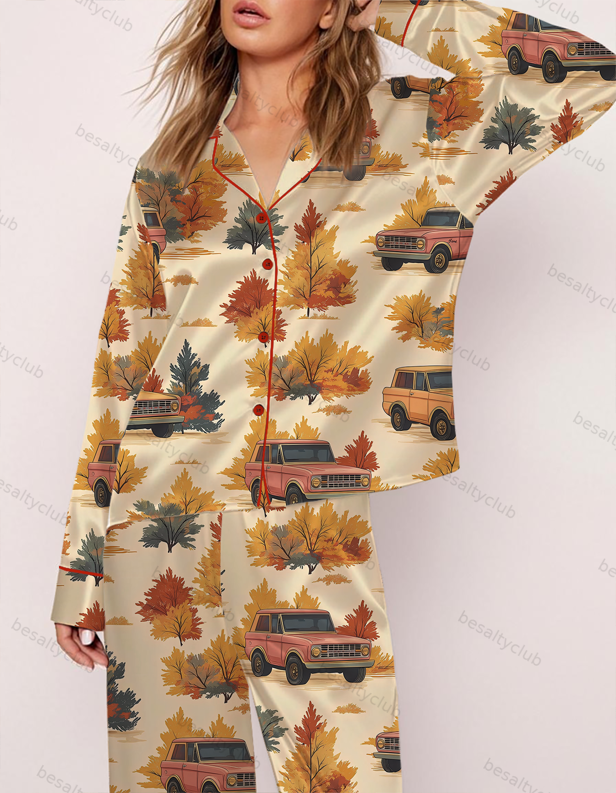 Vintage Cars in Fall Satin Pajama Set