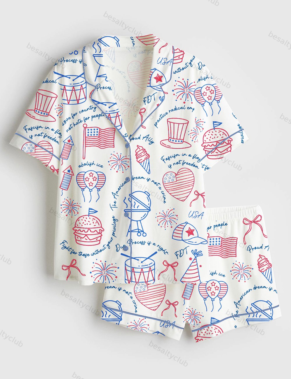 Liberal Fourth Of July Liberal Patriotic Secret Subtle Message American FDT Print Short Sleeve Satin Pajama Set