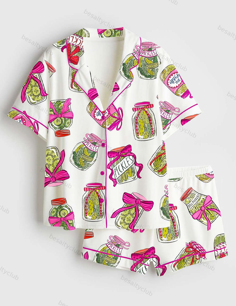 Pickle Lover Pink Bows Short Sleeve Satin Pajama Set