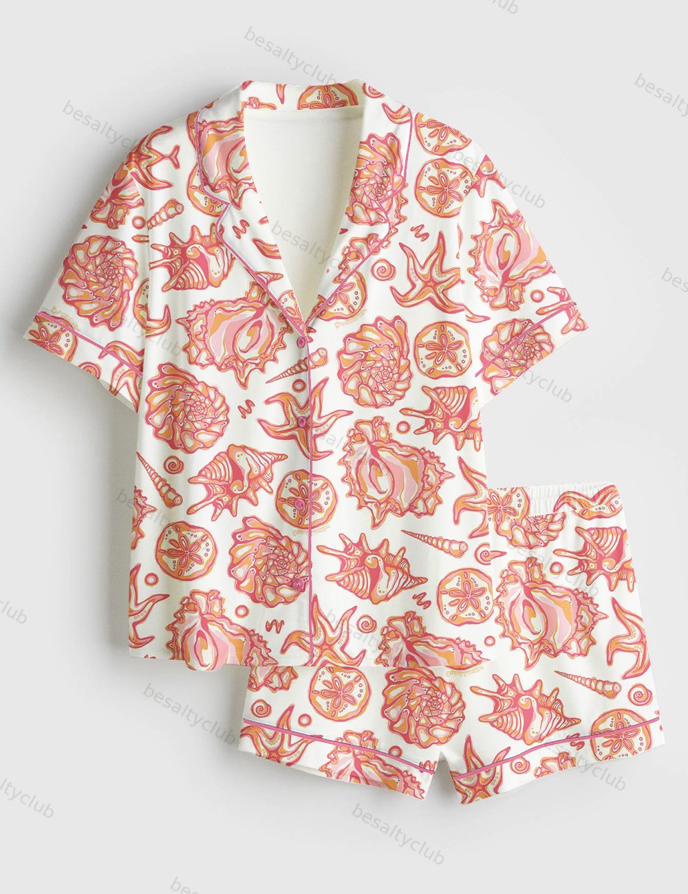 Colorful Shells Coastal Vibe Beach Lover Summer Accessory Short Sleeve Satin Pajama Set