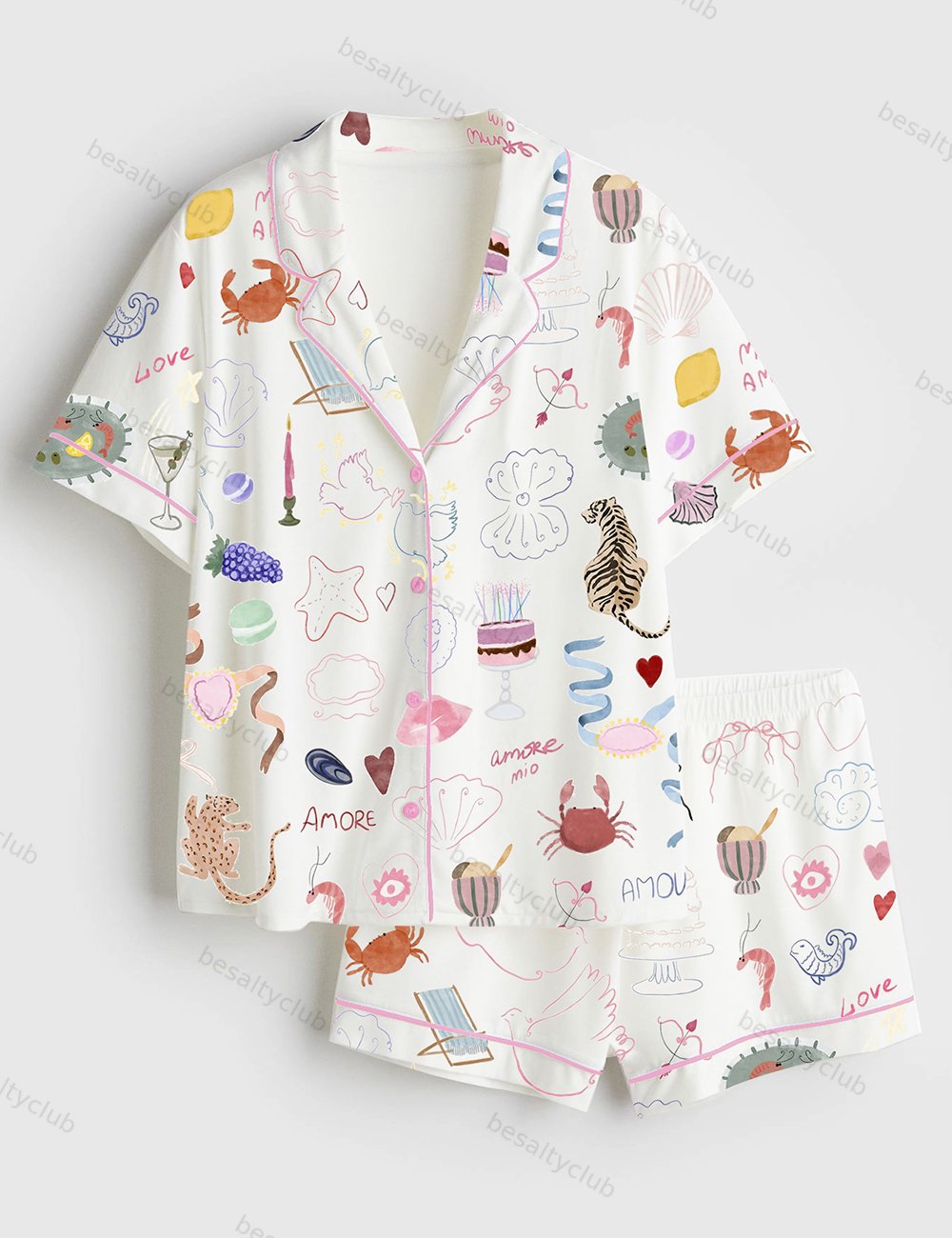 Whimsical Hand Drawn Love Dolce Vita Italy Wedding Icons Summer Seashell Line Art Print Short Sleeve Satin Pajama Set