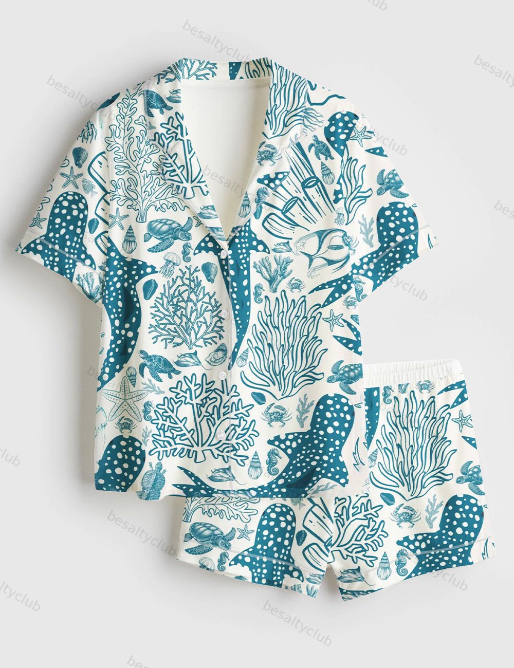 Whale Shark Coral Reef Ocean Coastal Marine Summer Beach Vibes Print Short Sleeve Satin Pajama Set