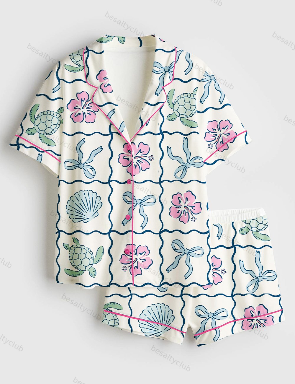 Summer Turtles Summer Beach Bows In Blue Print Short Sleeve Satin Pajama Set