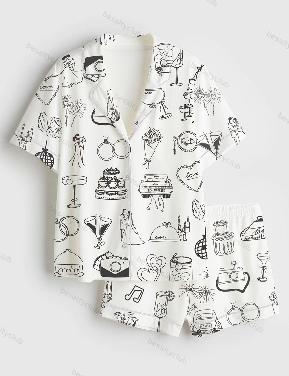 Whimsical Hand Drawn Wedding Timeline Icons Champagne Wedding Print Short Sleeve Satin Pajama Set