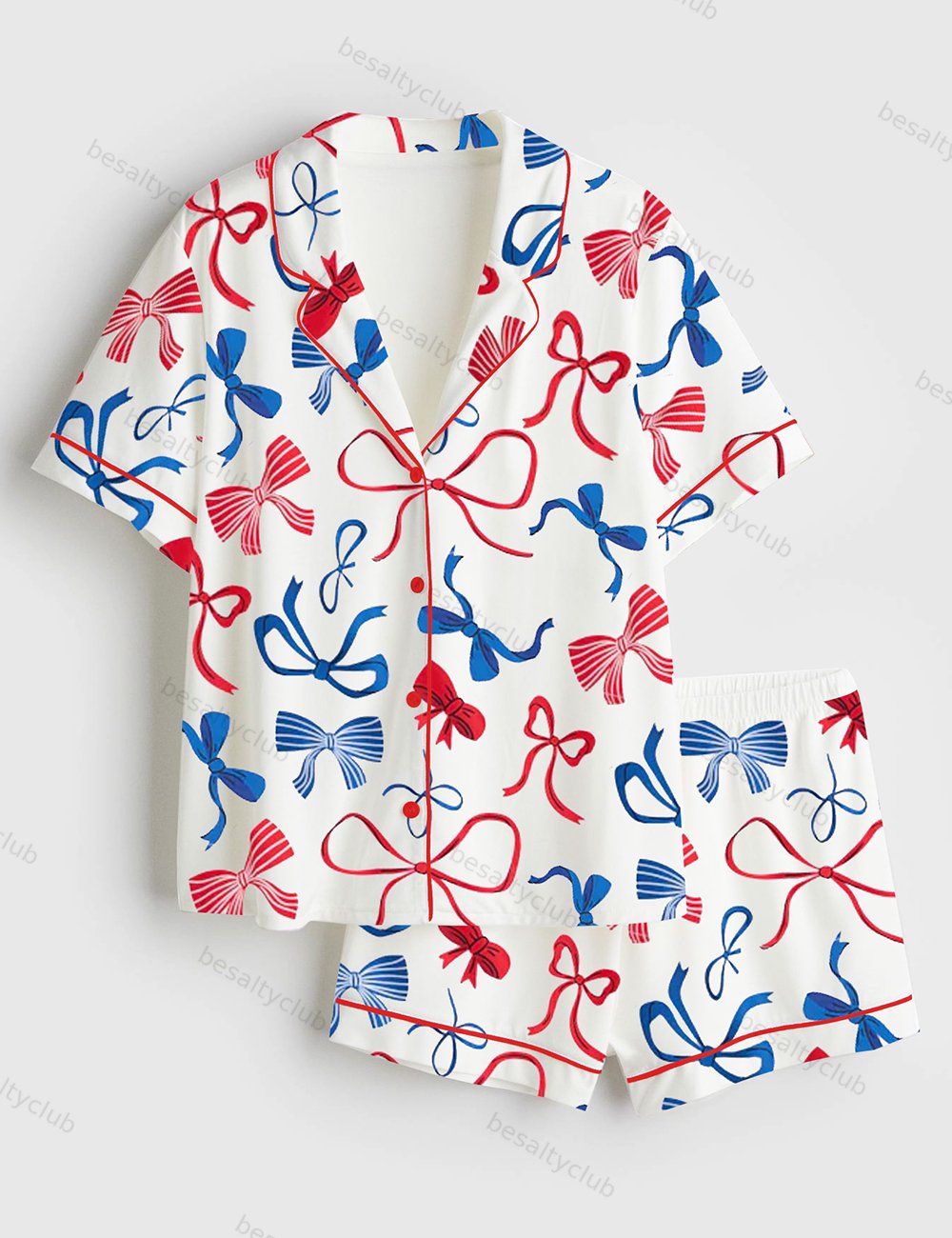 Red White And Blue Coquette Bow 4th Of July Short Sleeve Satin Pajama Set