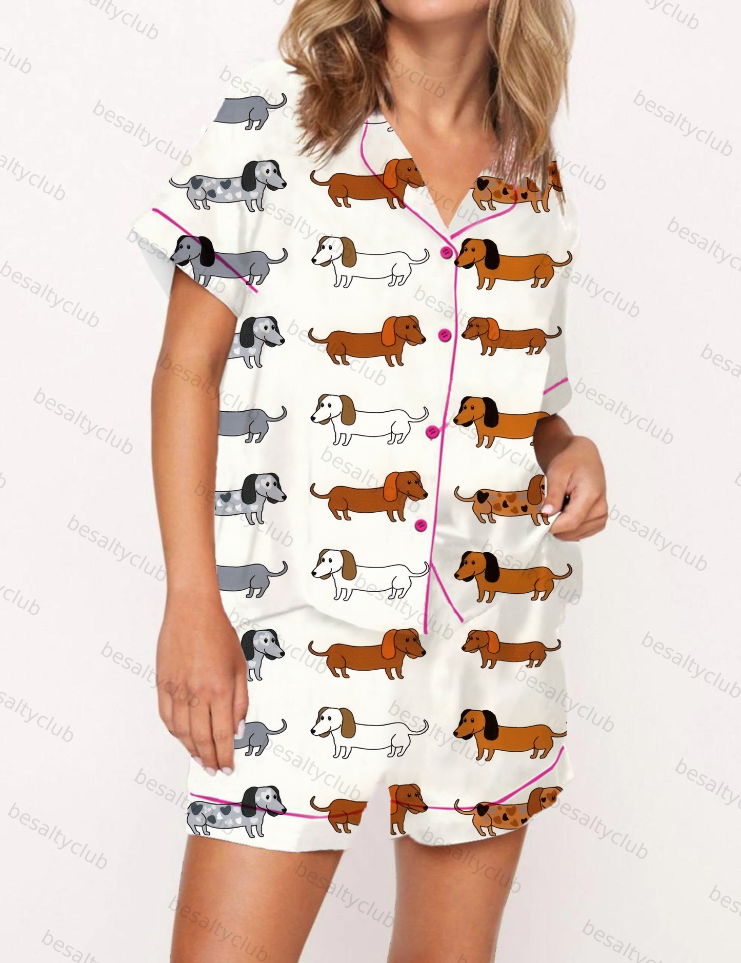 Dachshund Pattern Satin Pajama Short Set