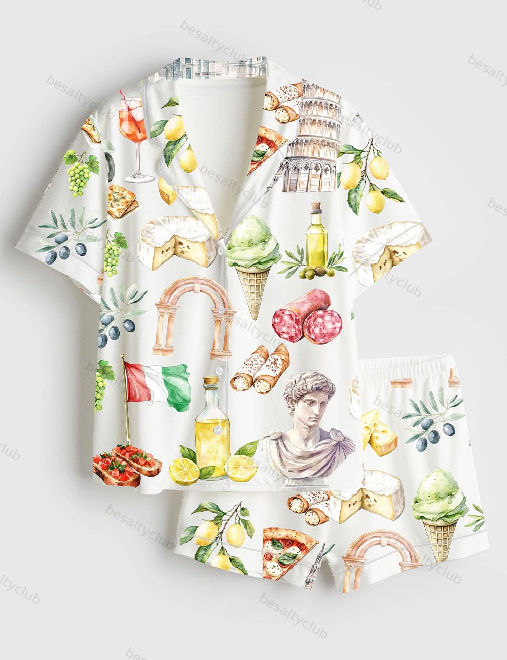 Watercolor Italy Mediterranean Summer Amalfi Coast Rome Italian Food Olives Lemons Pizza Pasta Print Short Sleeve Satin Pajama Set