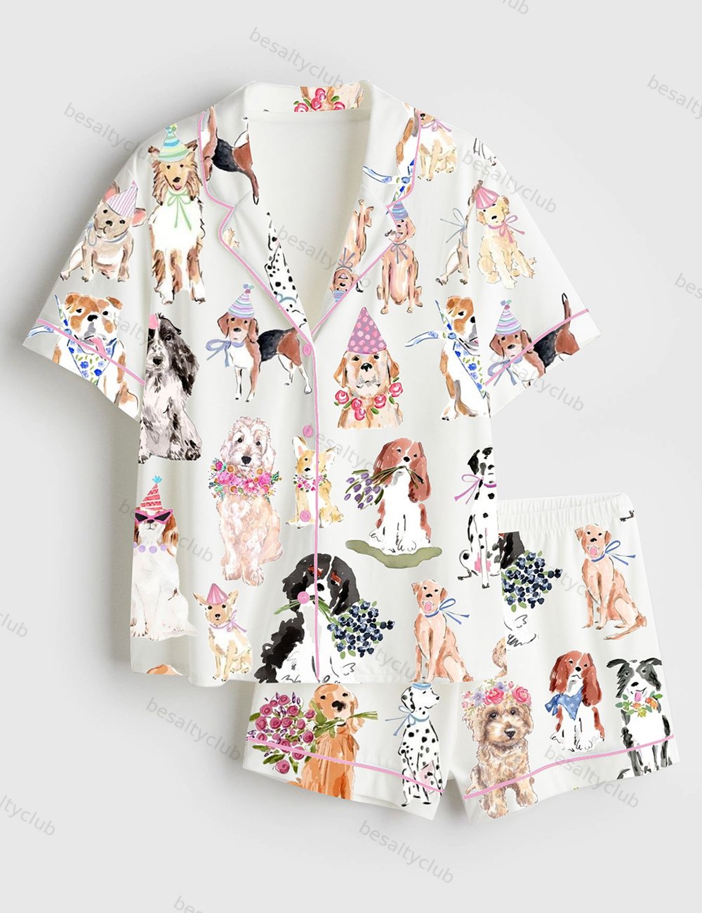 Happy Dog Flower Dog Coquette Dog Short Sleeve Satin Pajama Set