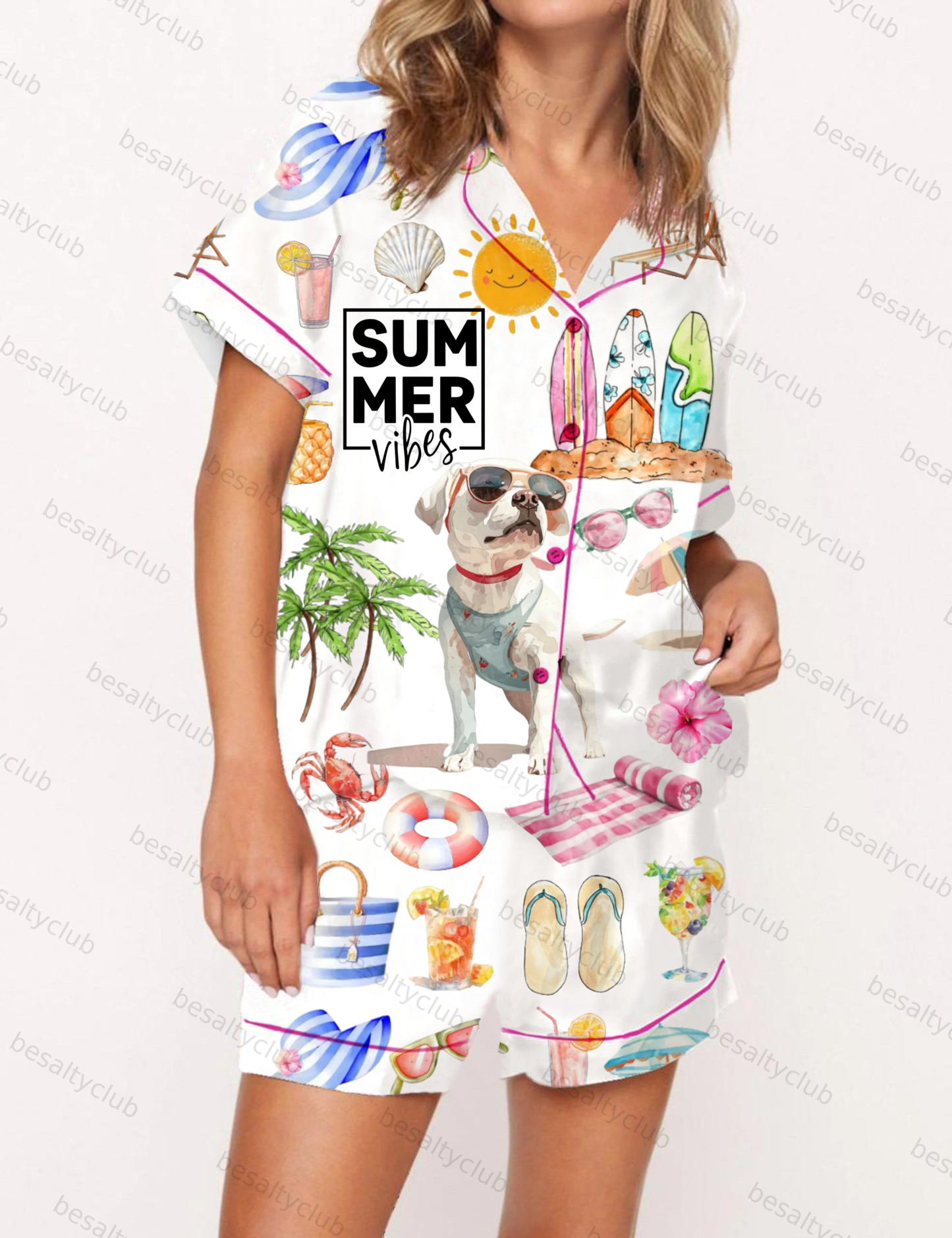 Summer Vibes With Bulldog Silky Satin Pajama Short Set