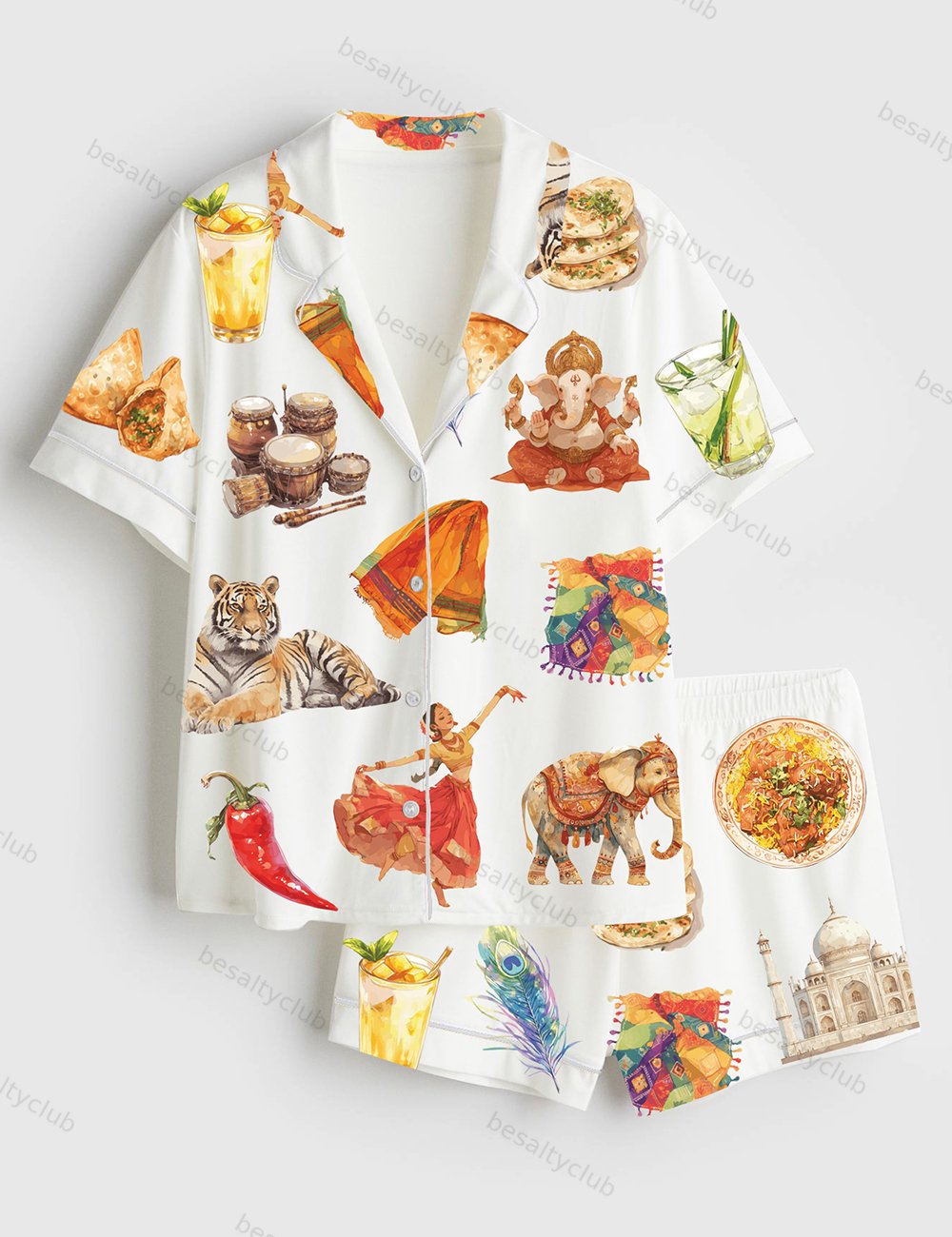 India Country Travel Short Sleeve Satin Pajama Set