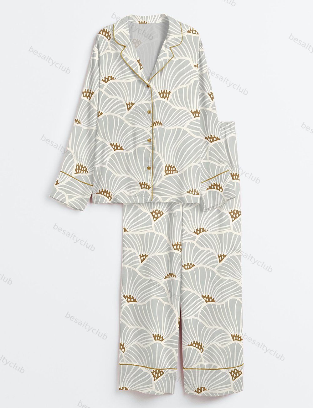 Neutral Flowers Modern Geometric Soft Lines Art Print Long Sleeve Satin Pajama Set