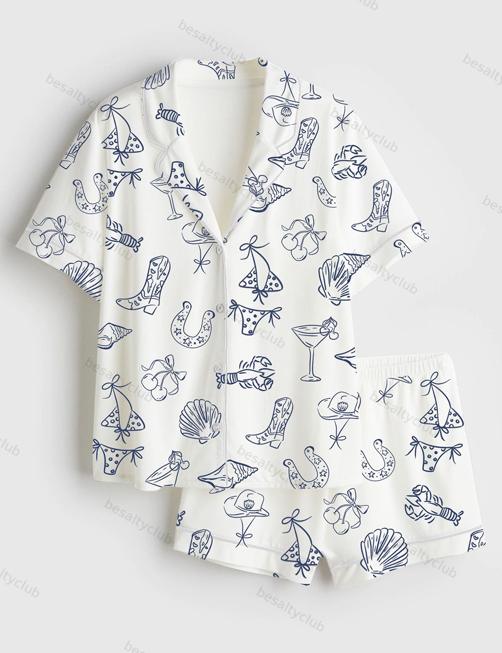 Women's Vintage Coastal Cowgirl Retro Western Seaside Summer Short Sleeve Satin Pajama Set