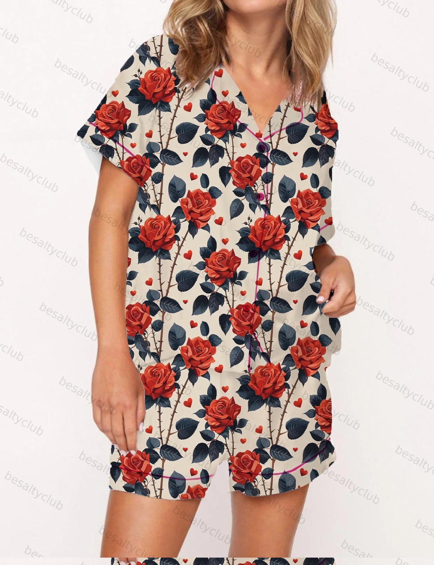 Red Roses Pattern Satin Pajama Short Set